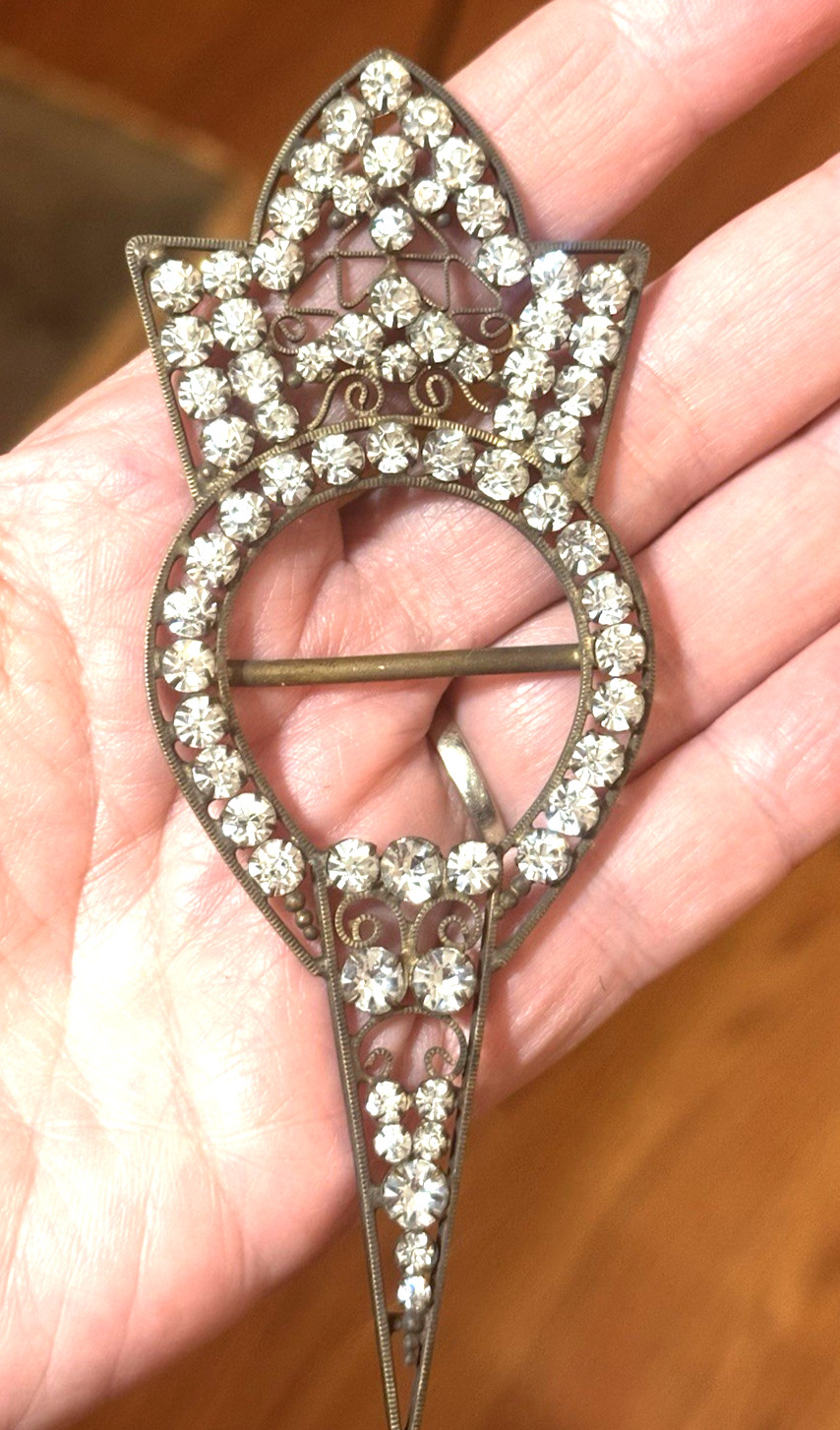 Antique 1920s Czech Buckle Slide Clear Paste Prong Set Rhinestones Sash Ornament