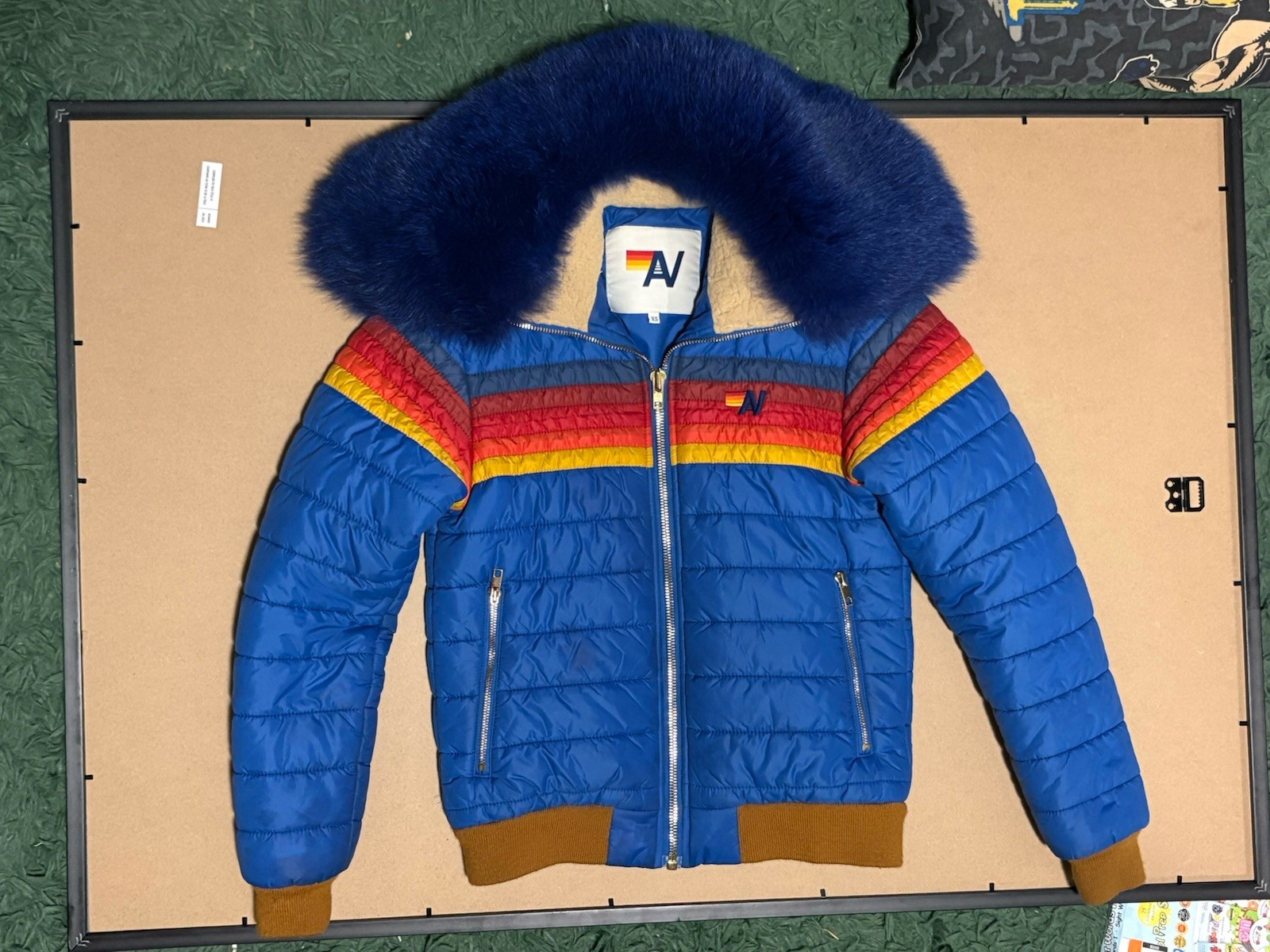 Aviator Nation 5 Stripe Rainbow Sleeve Women’s Jacket In Blue Cina XS w/FUR
