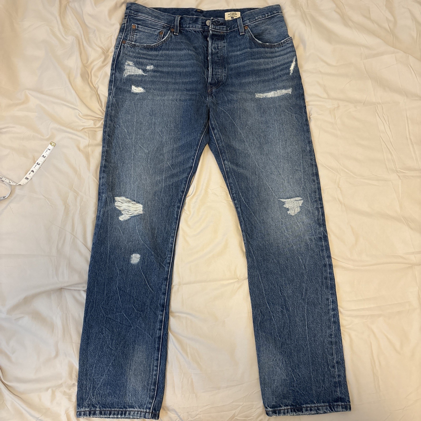 Levis 501 Selvedge Jeans Blue Distressed 34×32 150th Anniversary High Waisted