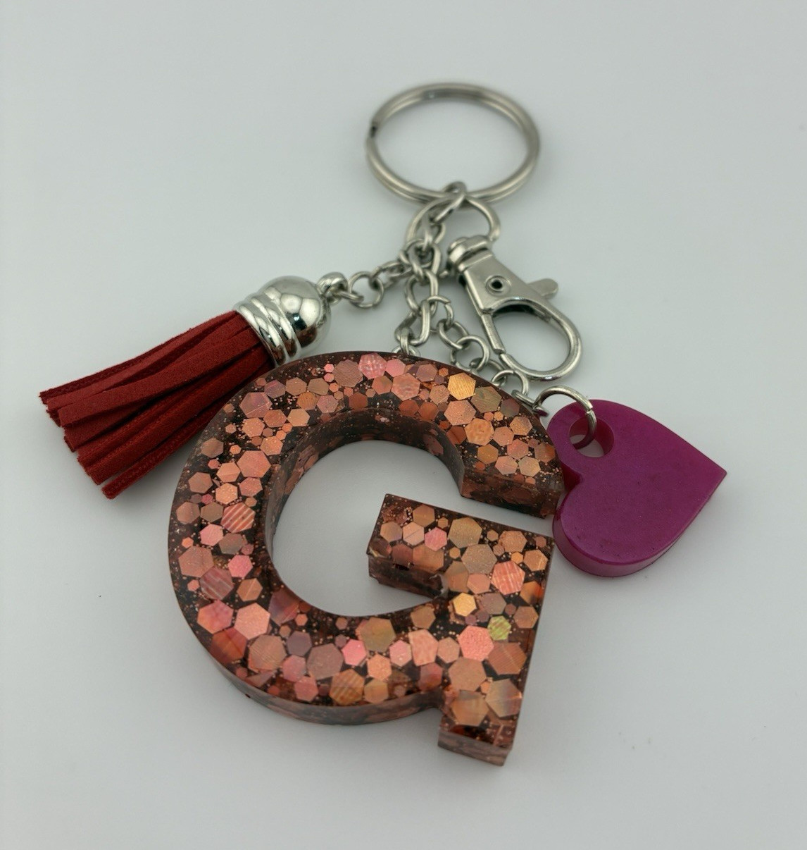 Handmade Epoxy Resin Letter G Keychain Rose Gold Glitter Heart Tassel New