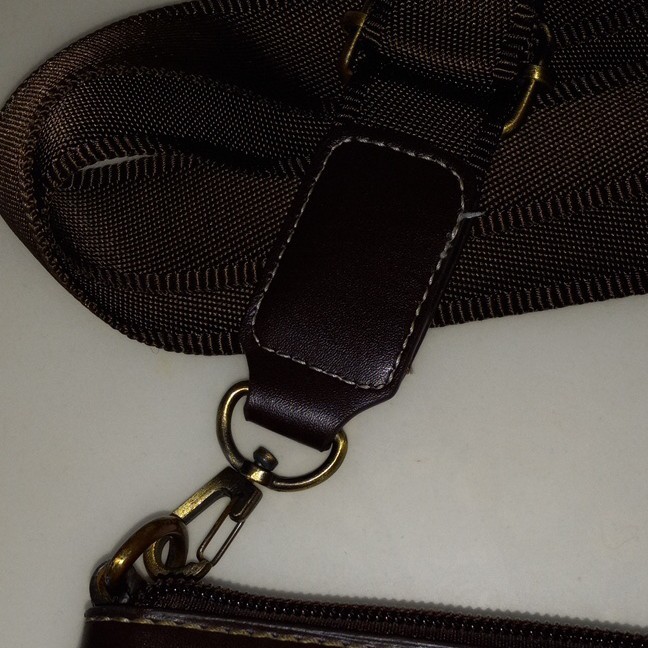Brown Tan Logo Print Crossbody Bag Zip Closure Adjustable Strap Outer Pockets