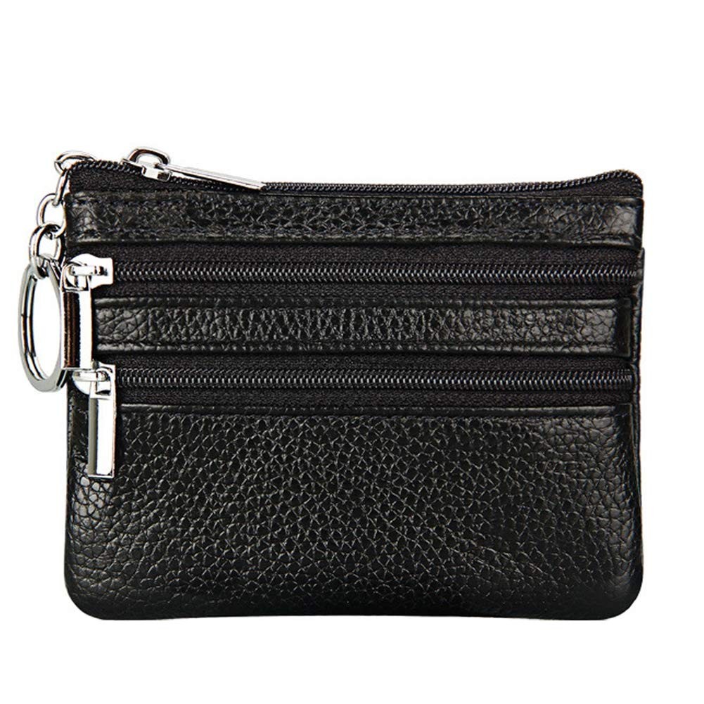 Black Leather Coin Purse Pouch with 3 Zipper Pockets for Cards and Cash