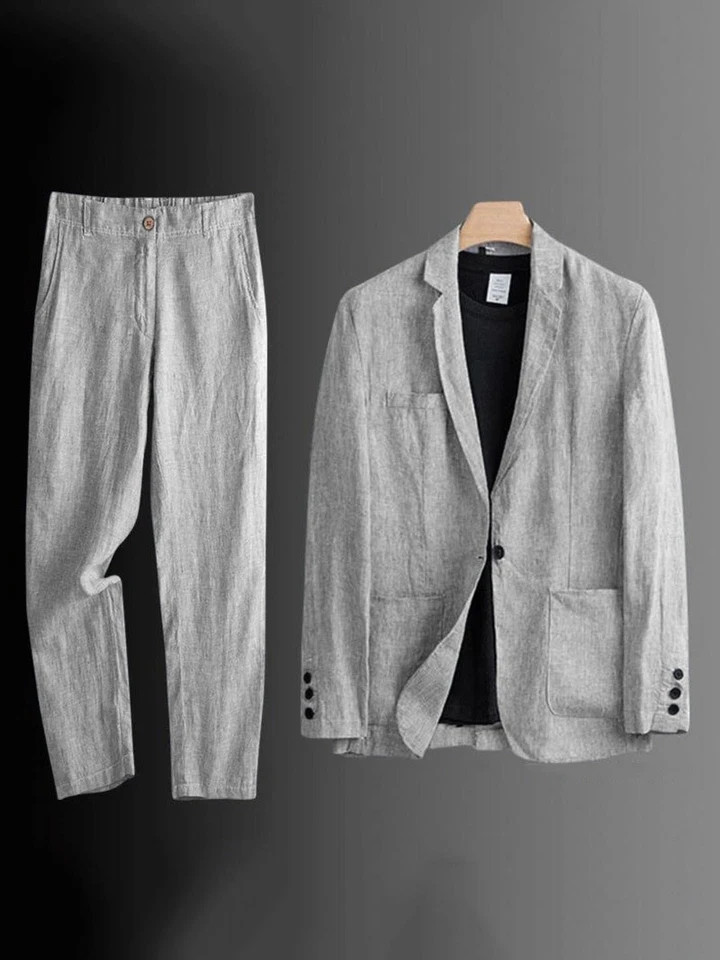 Share 2 Pc Men Two Button Suit Summer Linen Causal Blazer Pants Coat Beach
