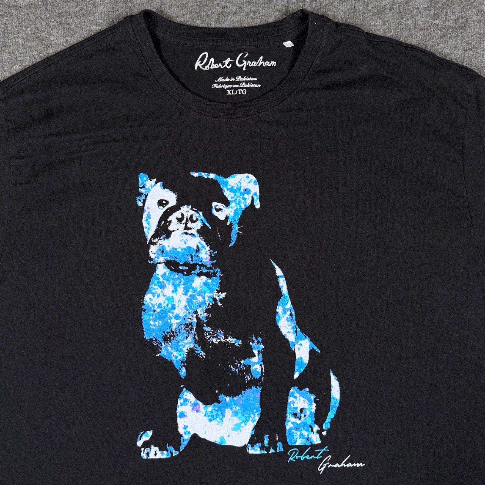 Robert Graham Shirt Mens XL Black Neon Blue Dog Graphic Crew Short Sleeve Tee