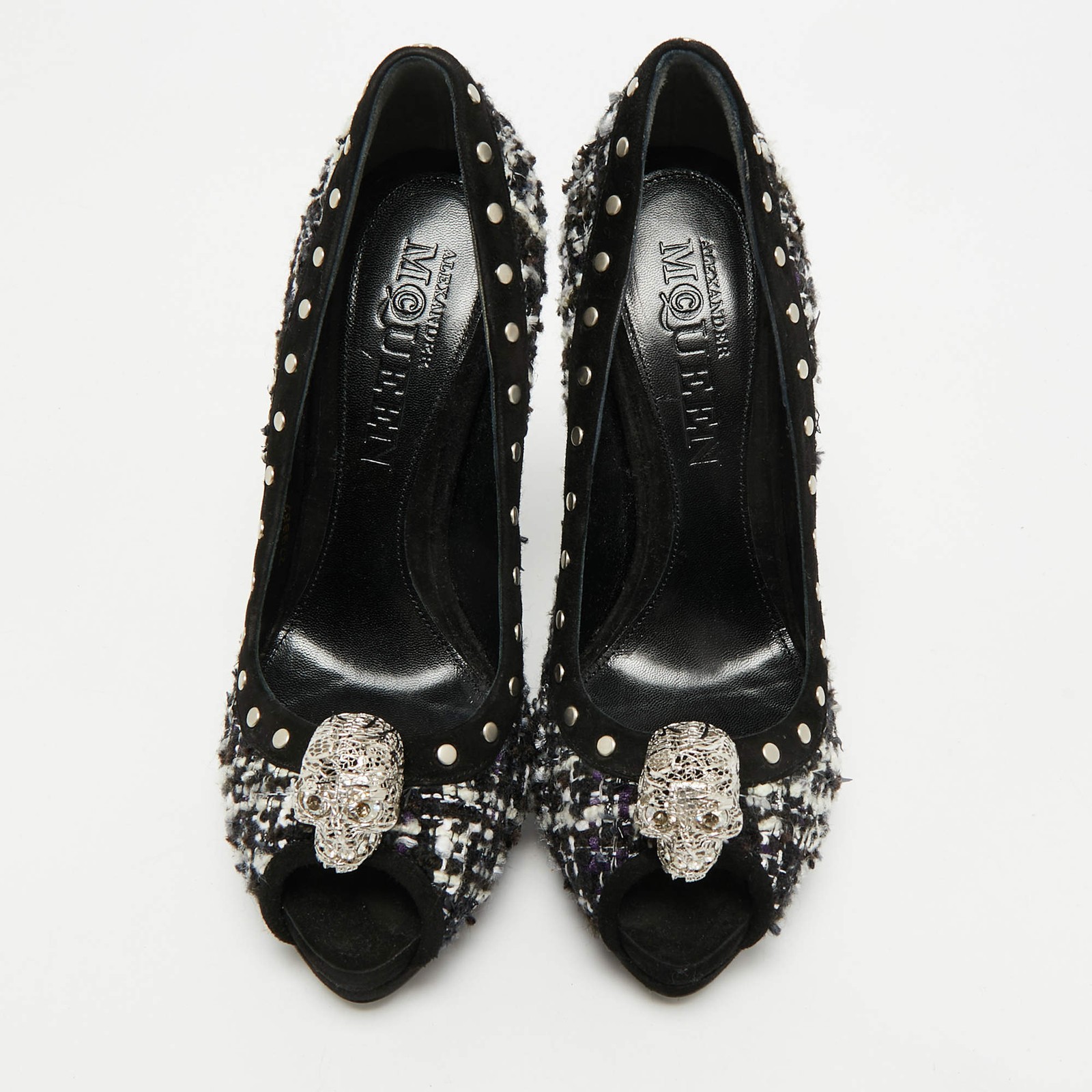 Alexander McQueen Skull Size 38 Black Suede and Tweed Peep Toe Pumps
