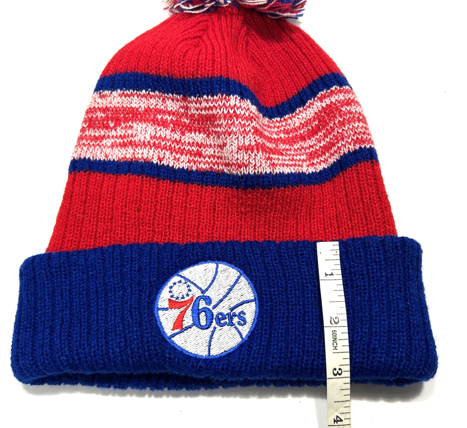 NWT KIPA FITS Red, White & Blue 76ers Foldover Beanie with Pom Pom – One Size
