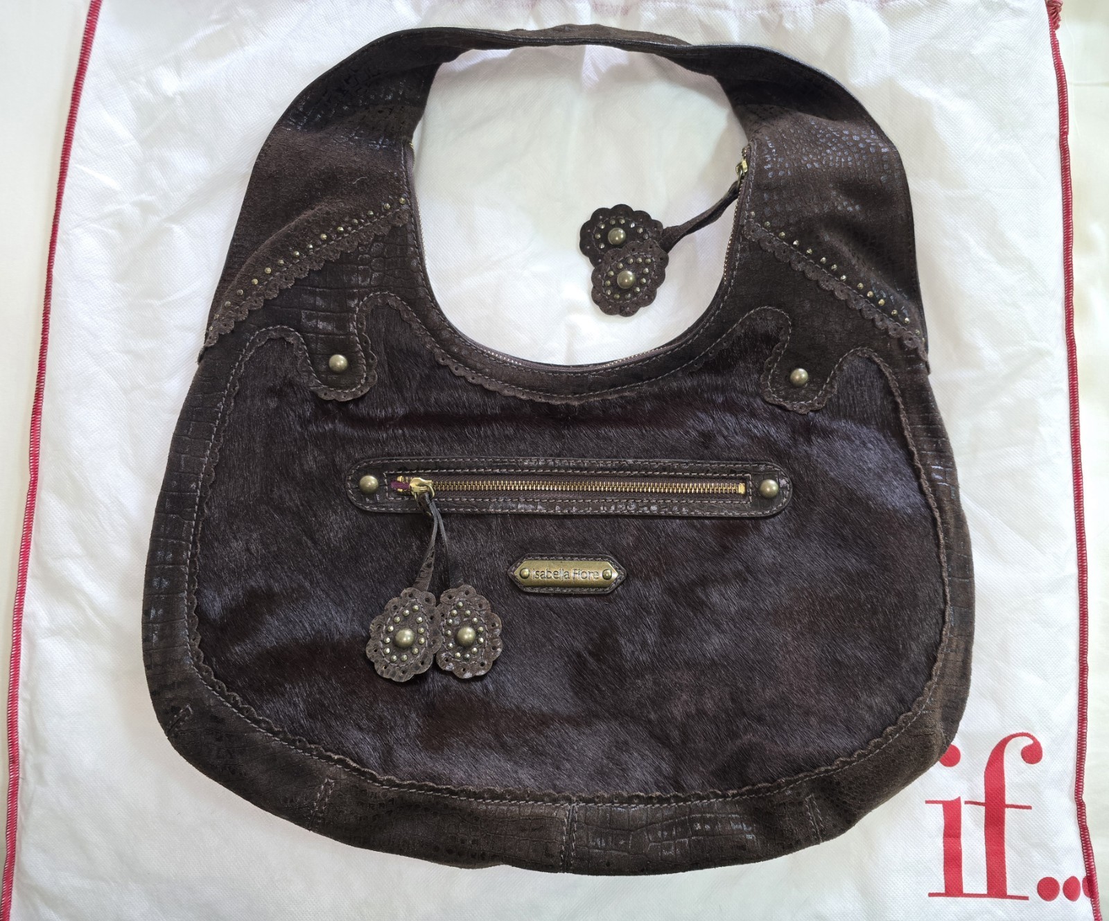 Isabella Fiore NWT, Brown Leather/Calf Hair Studded Hobo Bag, Aldic Ging RARE