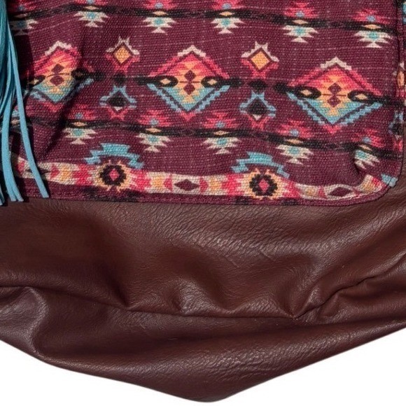 Southwestern Canvas Backpack Burgundy Brown Boho Multiple Pockets Medium