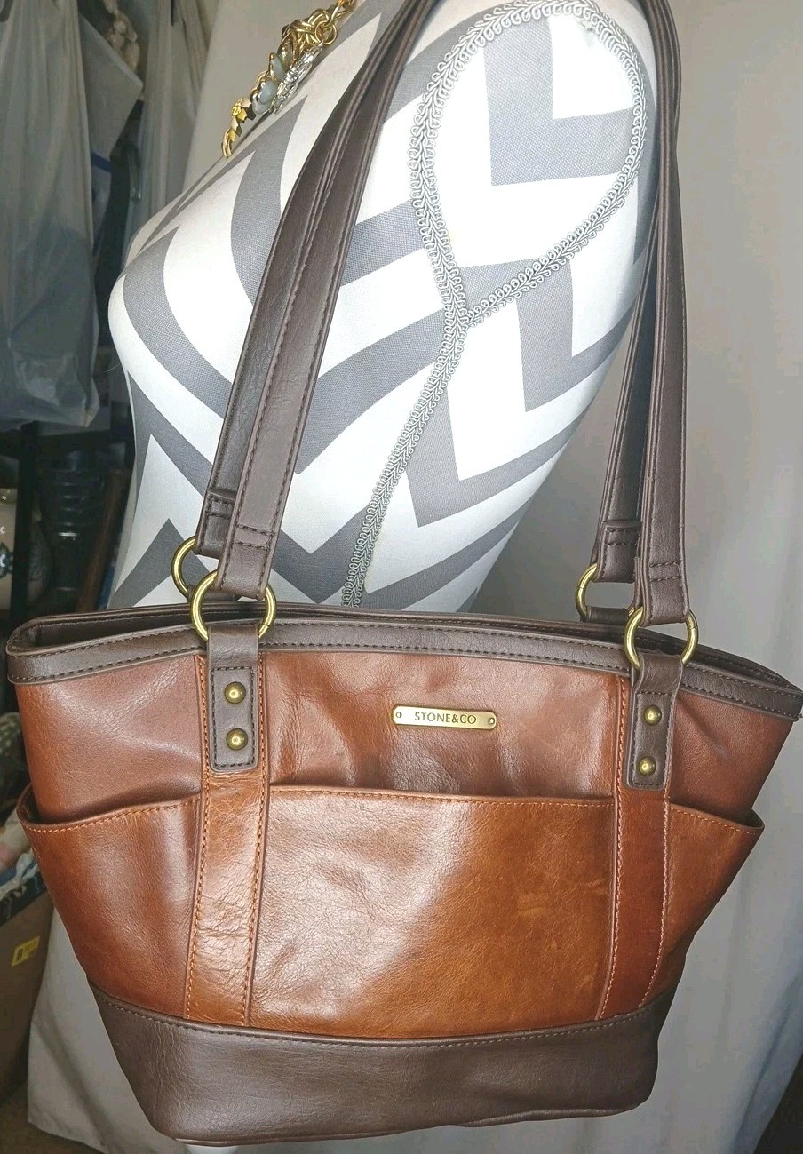 Stone & Co Megan Curved Genuine Leather Tote Hand Bag Purse Brown