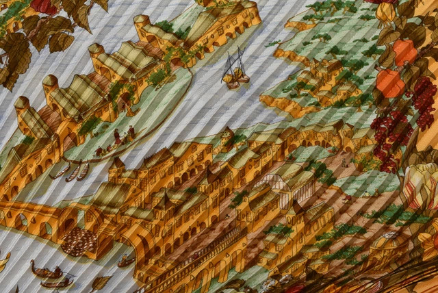 HERMES Pleated Silk Twill Shawl Scarf Orange Multicolor 19.7×51.2in Box Included