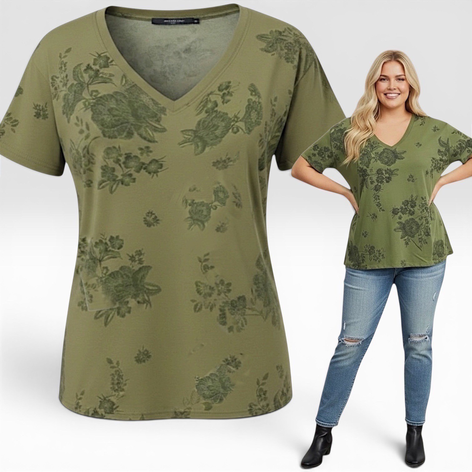 TORRID Heritage Slub Olive Green Floral Relaxed V-Neck Tee NWT Size 4X