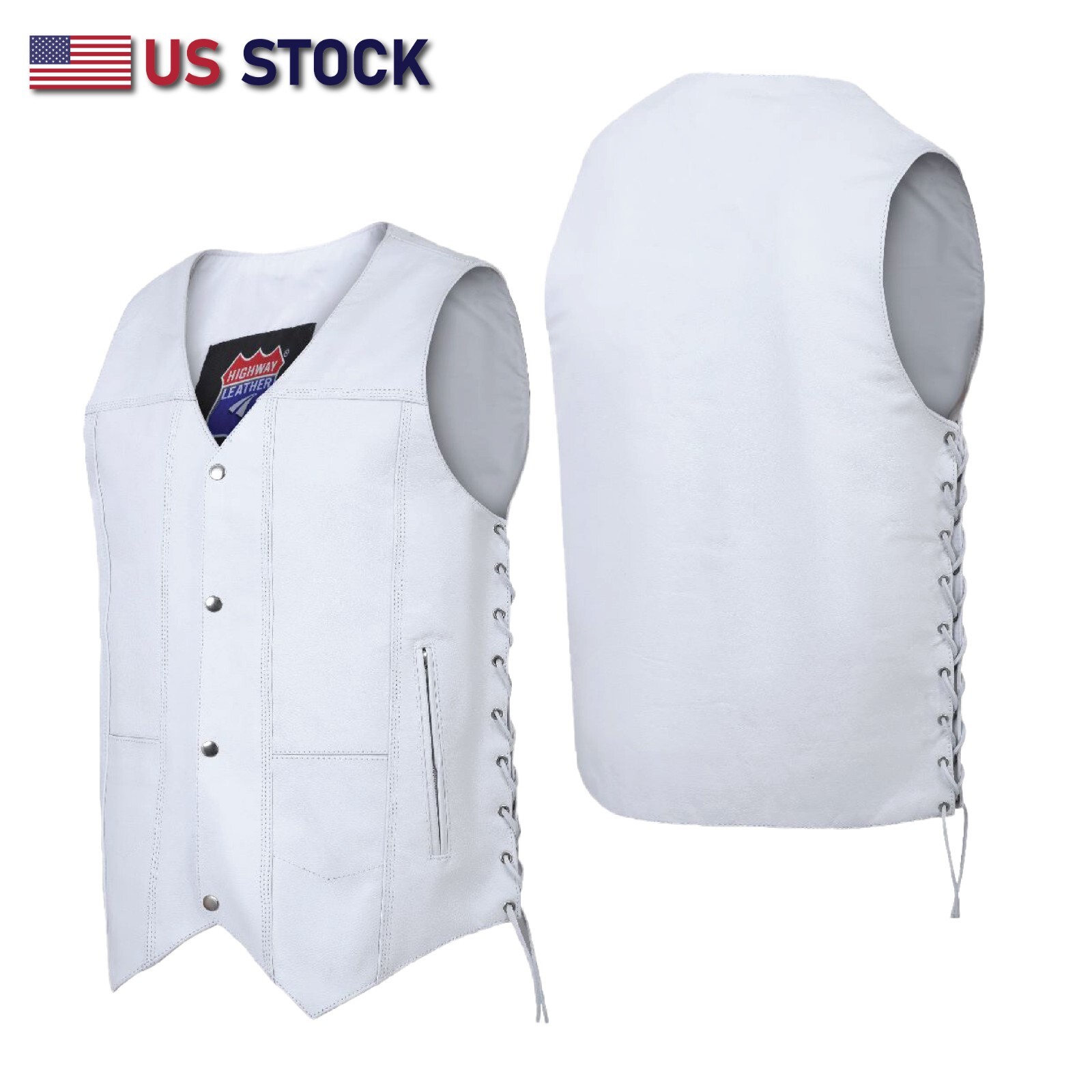 Mens Genuine Leather 10 Pockets Motorcycle Biker Club Vest White SOA 3540White