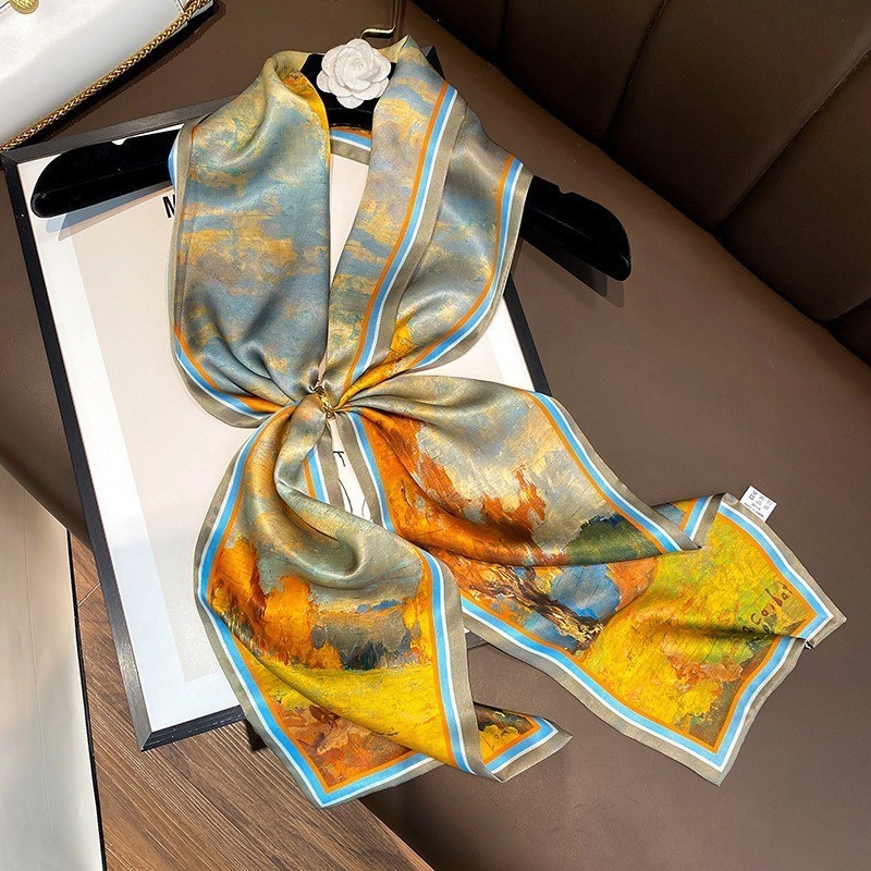 Double Sides 100% Pure Silk Long Scarf Women Vintage Yellow Neckerchief 150*15cm