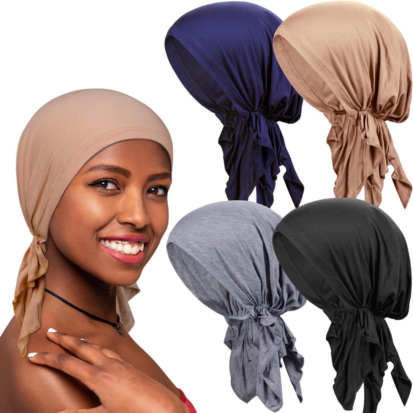 4 Pieces Soft Cotton Chemo Headwear for Women, Stretch Pre-Tied Style-1