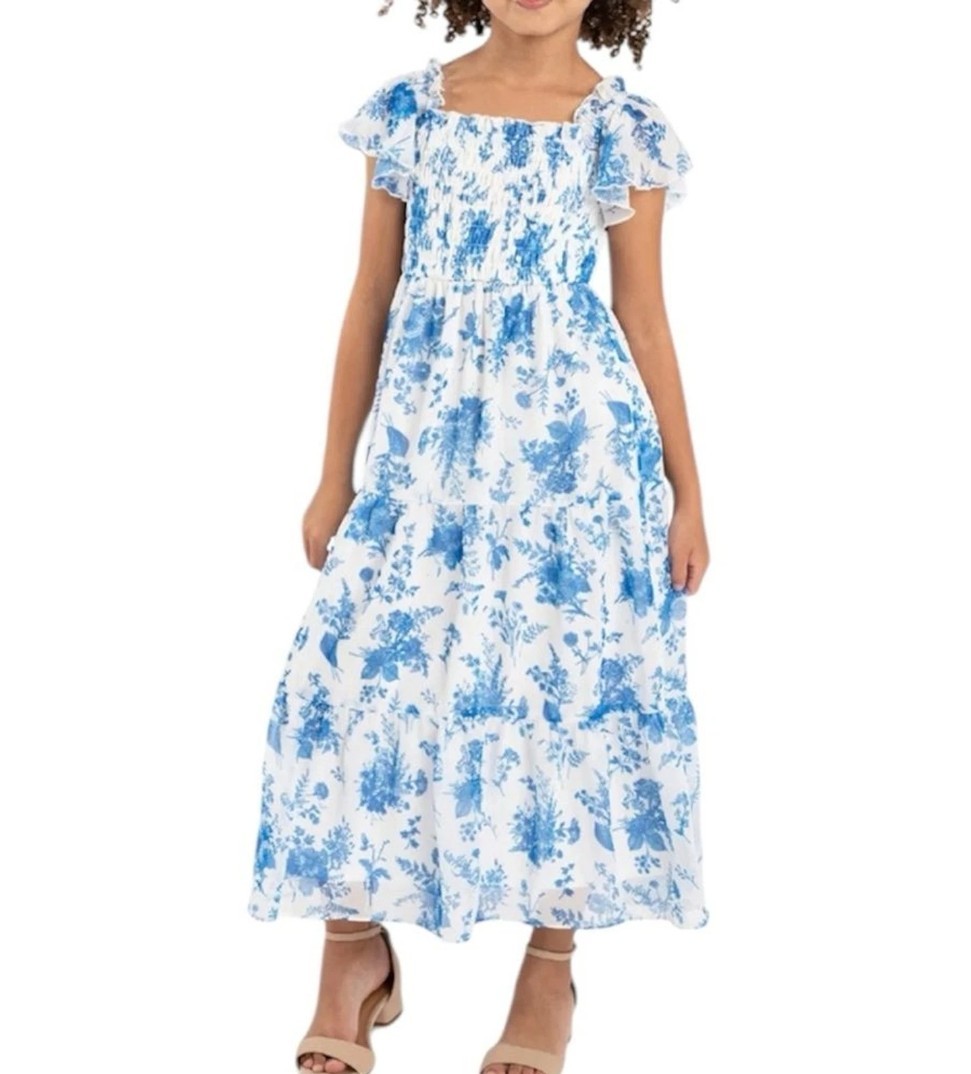 Rare Additions Blue Floral Smocked Tiered Ruffle Chiffon Girls Maxi Dress S 6/6X