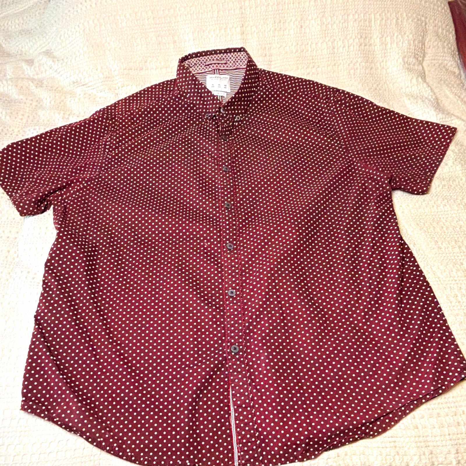 Denim & Flower Ricky Singh Men’s XL Burgundy White Polka Dot Slim Button-Up
