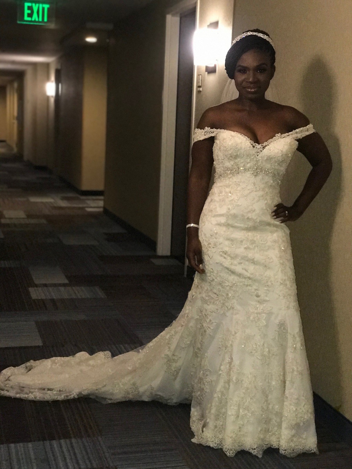 Elegant Allure Off-the-Shoulder Lace Mermaid Wedding Dress with Chapel Train S 8