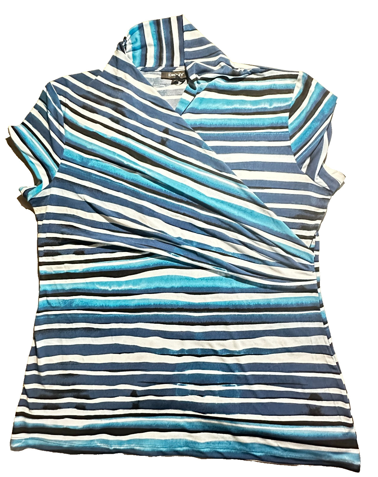 DKNY Blue Striped Jersey Blouse Women Size XL V-Neck Short Sleeve Stretch