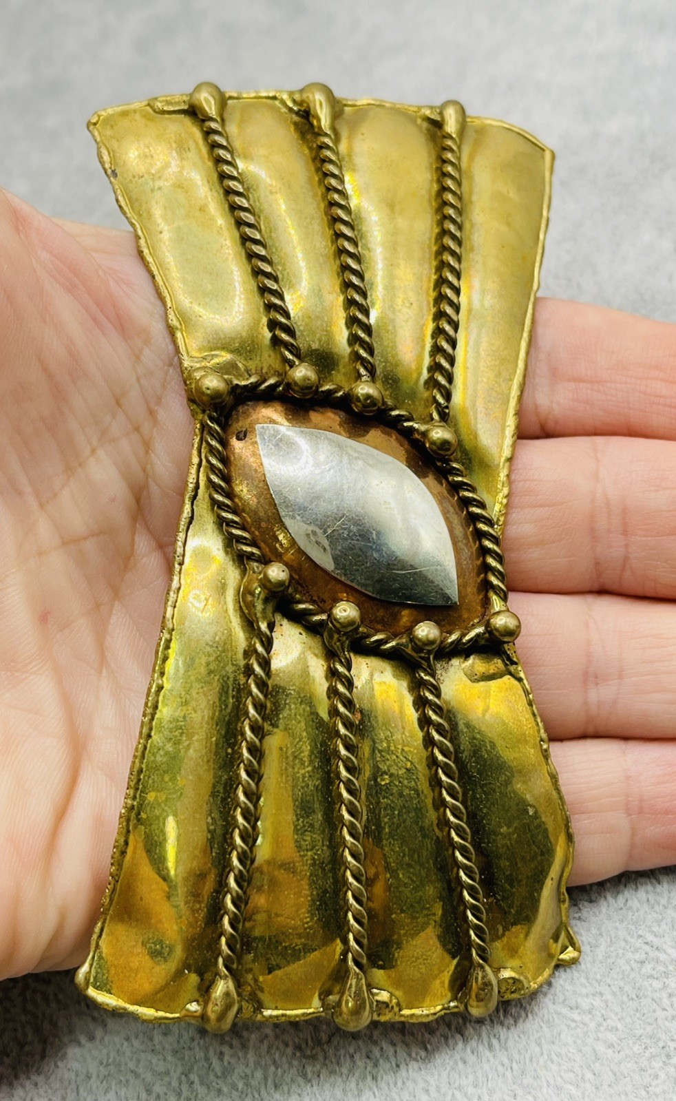 Vintage Artisan Brutalist Belt Buckle Mixed Metal Modernist Abstract Statement