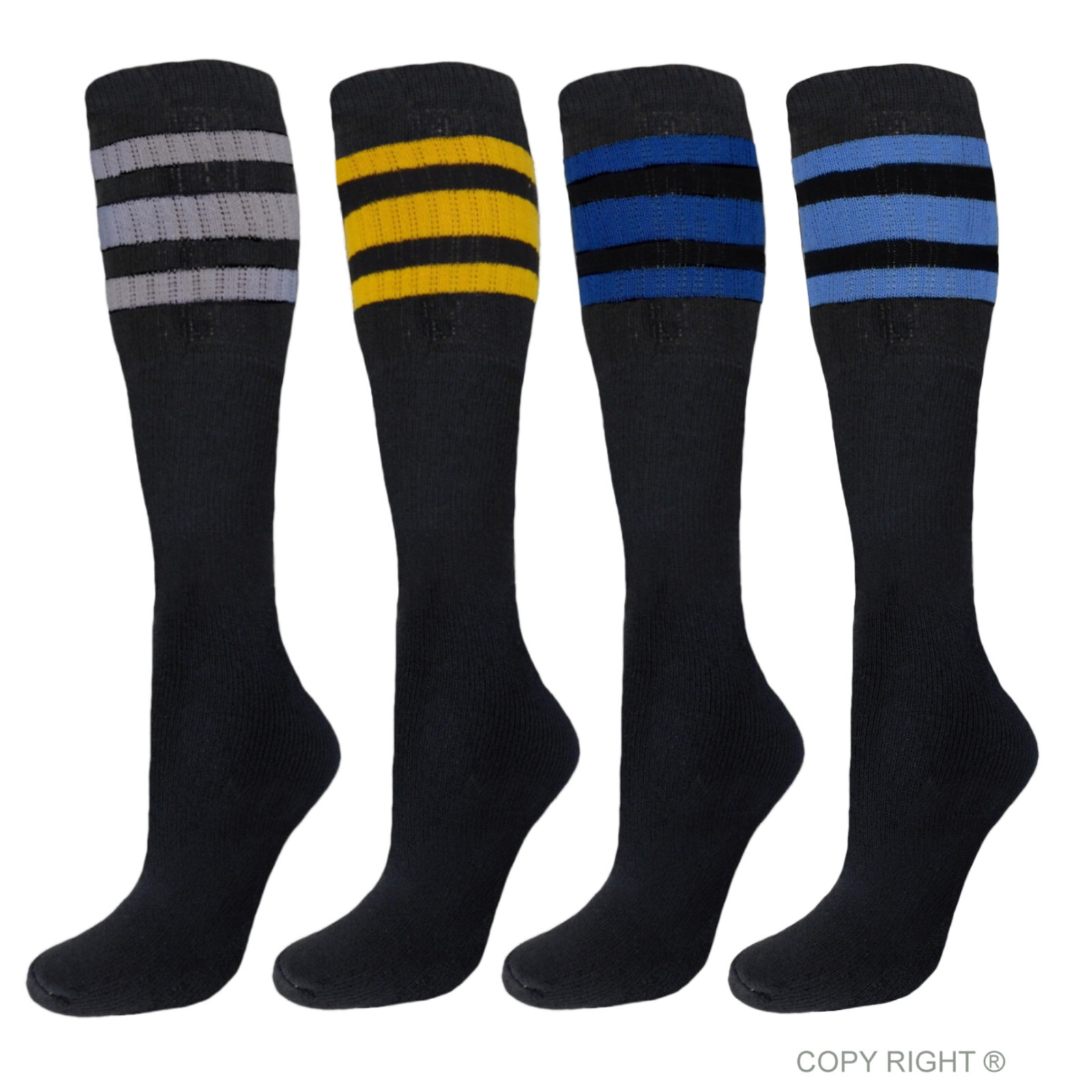 4 PK TUBE SOCKS COTTON 22 INCHES OLD SCHOOL SOCKS BLACK ASSORTED STRIPED COLORS