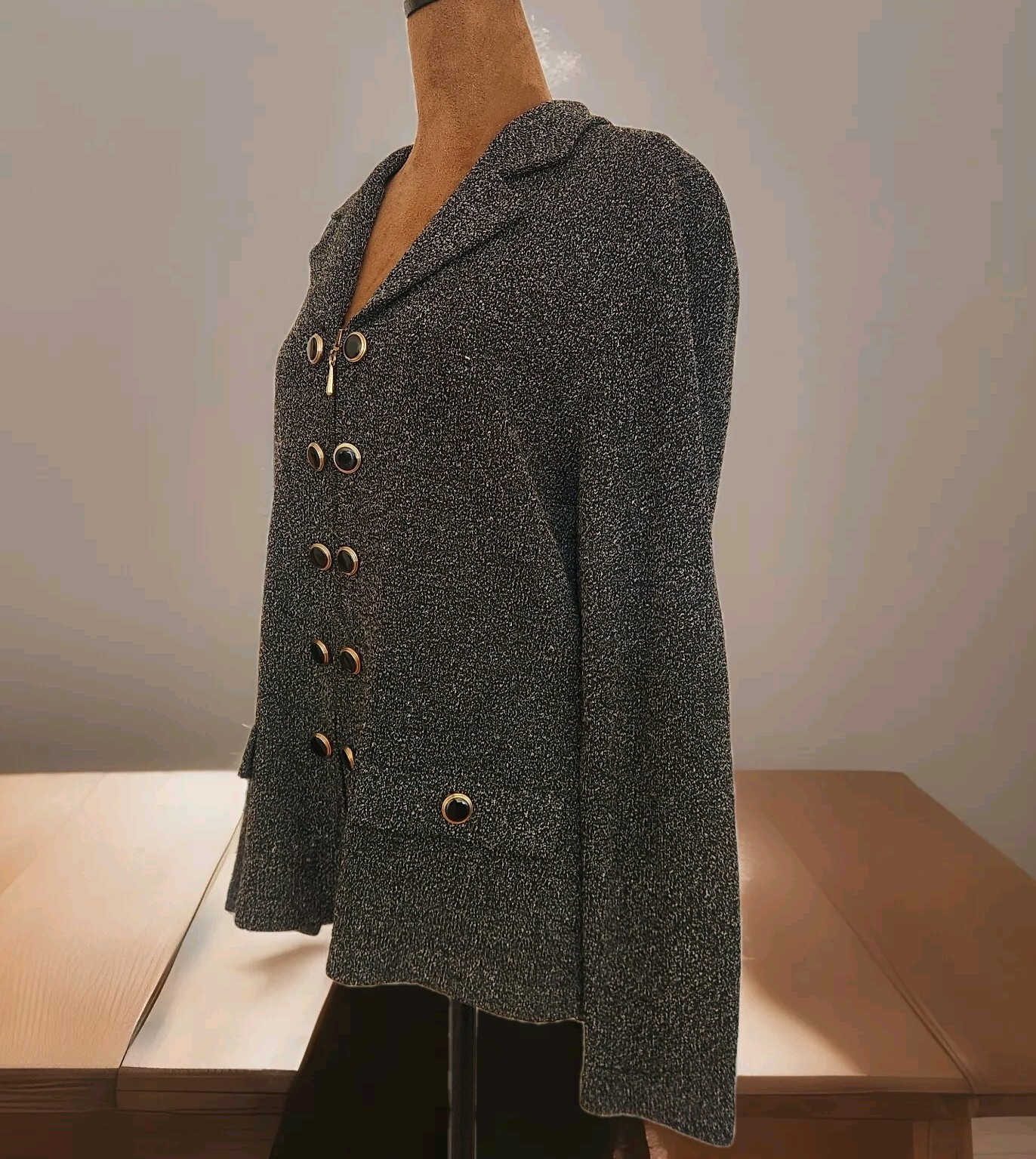 J.S.S Knit Jacket Women’s Size M Gray Zip Wool Blend Button Accent Vintage USA