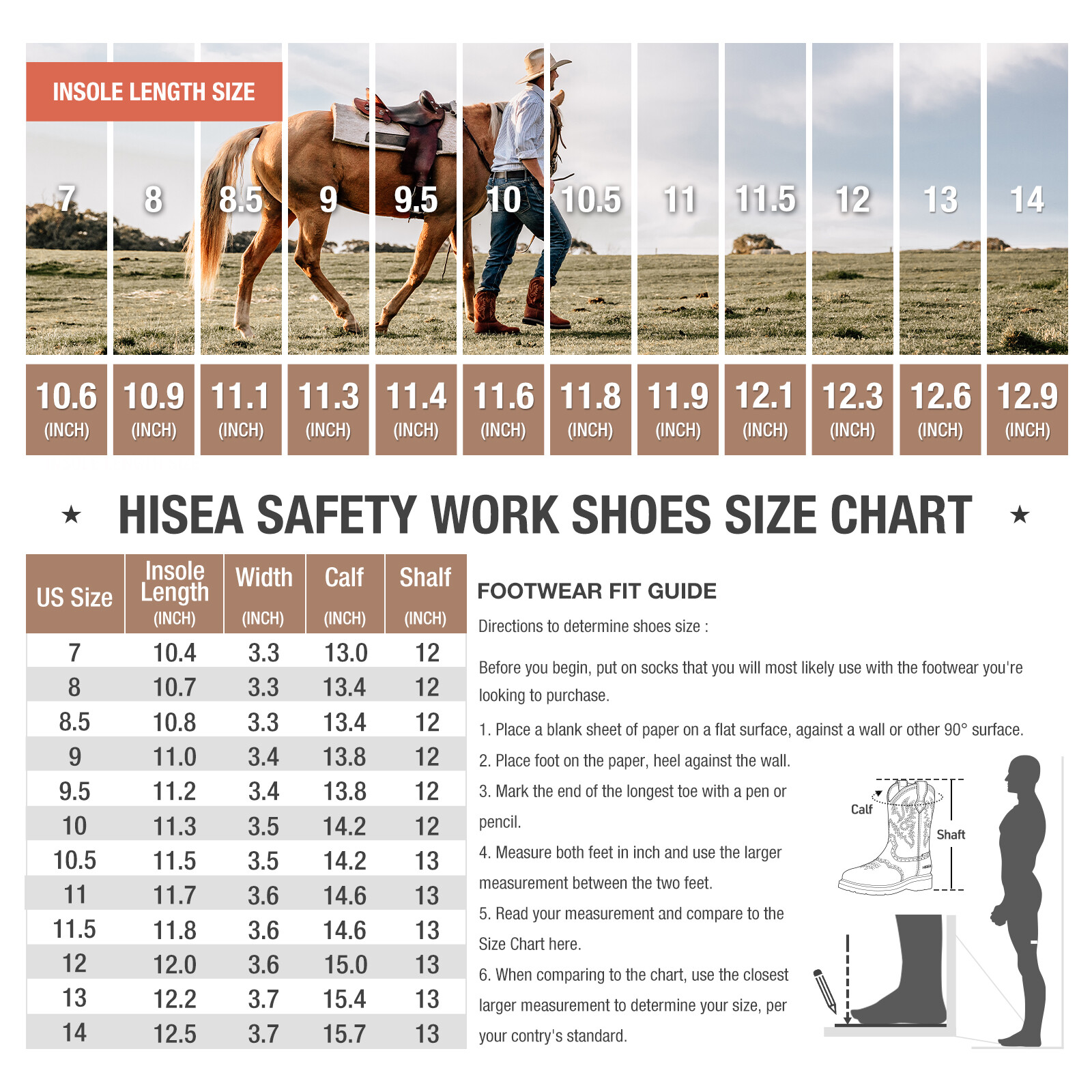 HISEA Men Grain Leather Western Cowboy Boots Steel/Soft Toe Waterproof Work Boot