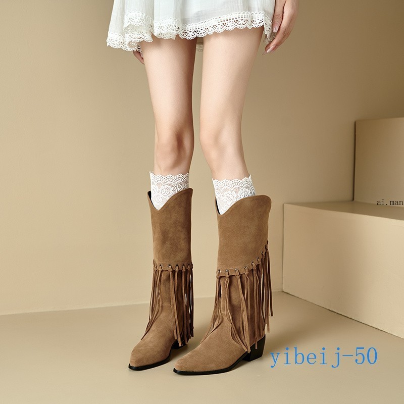 Women Tassel Mid Calf Boot Velvet Western Cowgirl Shoes Dress Formal Fall Winter