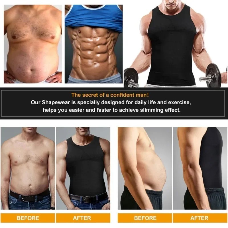 Mens Slimming Body Shaper Belly Chest Compression Vest Girdle T-Shirt Tank Top
