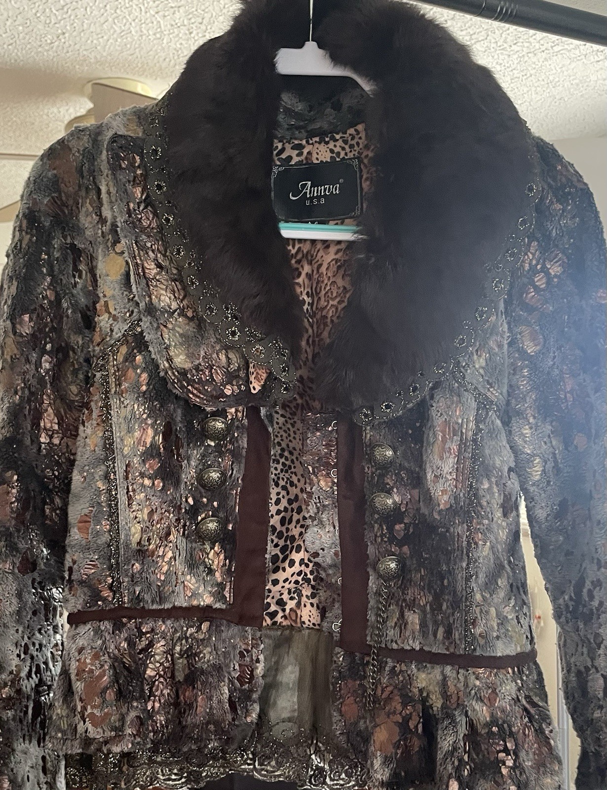 Annva Women’s Coat With Gold Patterning and Rabbit Fur Trim