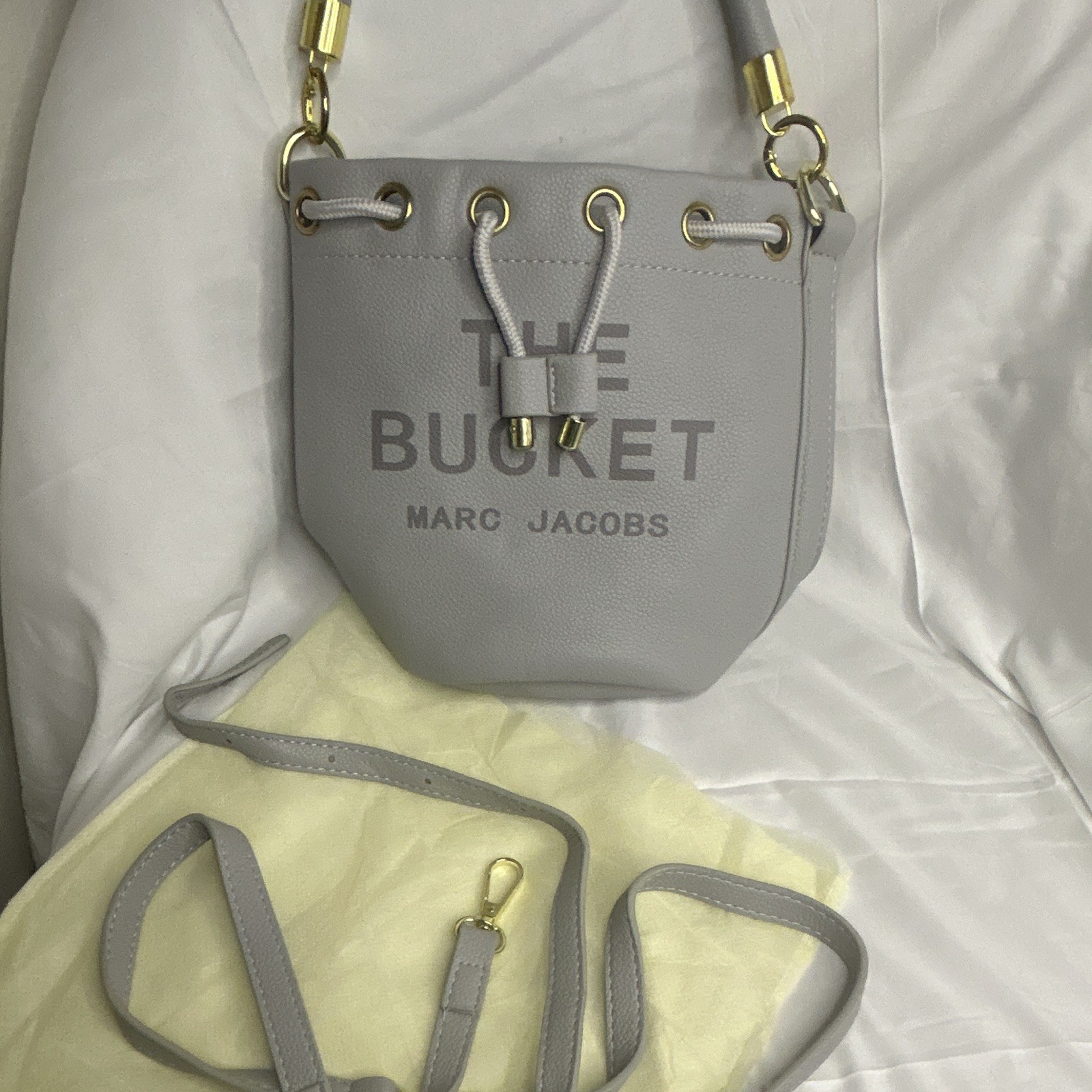 Marc Jacobs Gray Small Drawstring Bucket Crossbody Bag Gold Hardware Strap