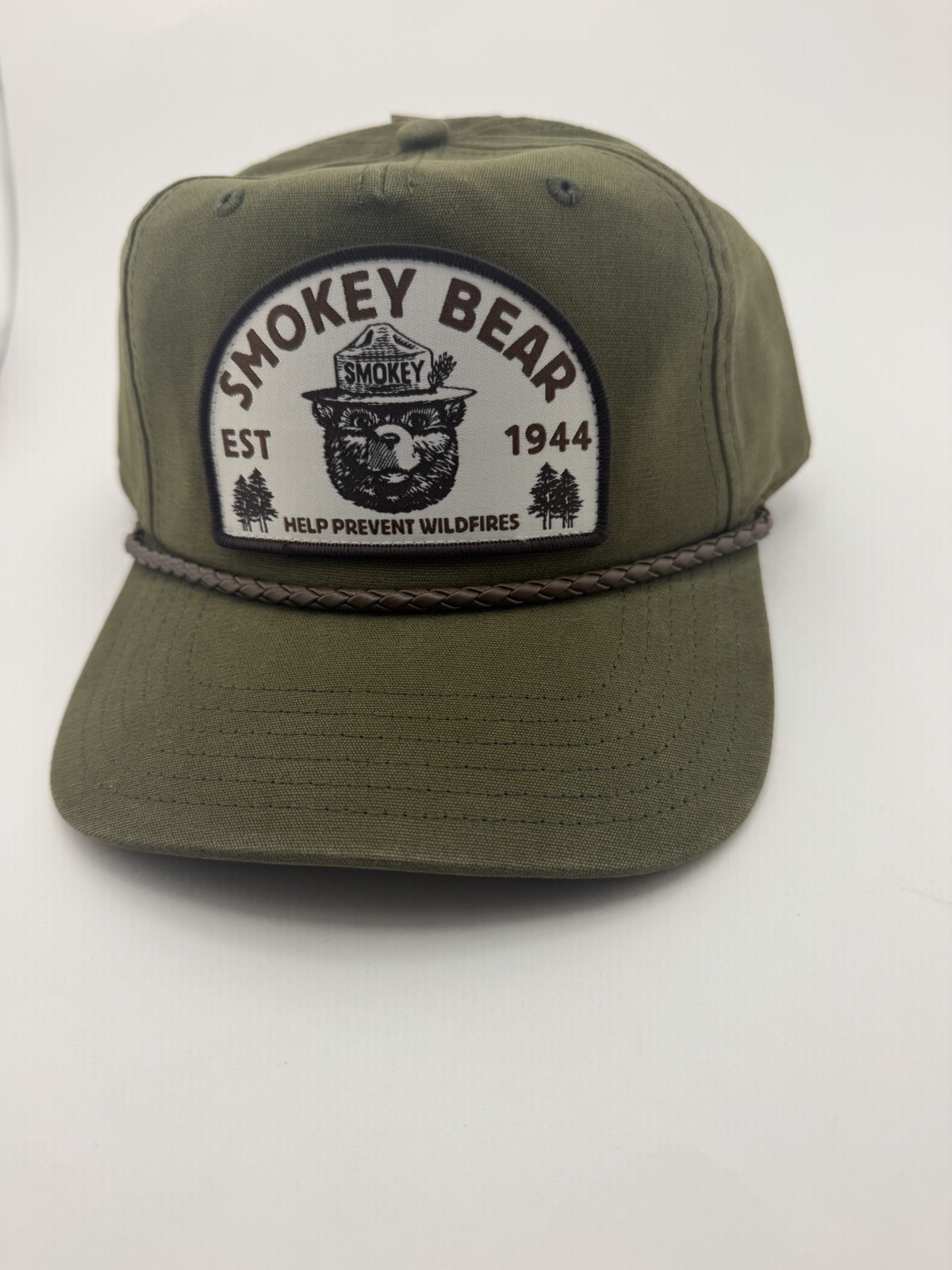SMOKEY THE BEAR Official SnapBack Patch Hat Cap Rope Design Army Green NWT