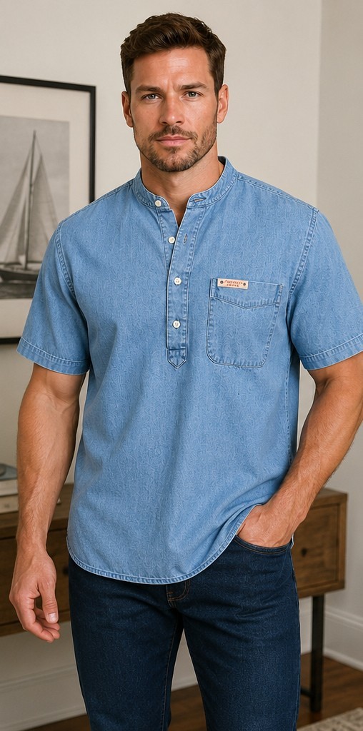 Daniel Cremieux Jeans Men’s Medium Chambray Popover Shirt Blue Short Sleeve Sug