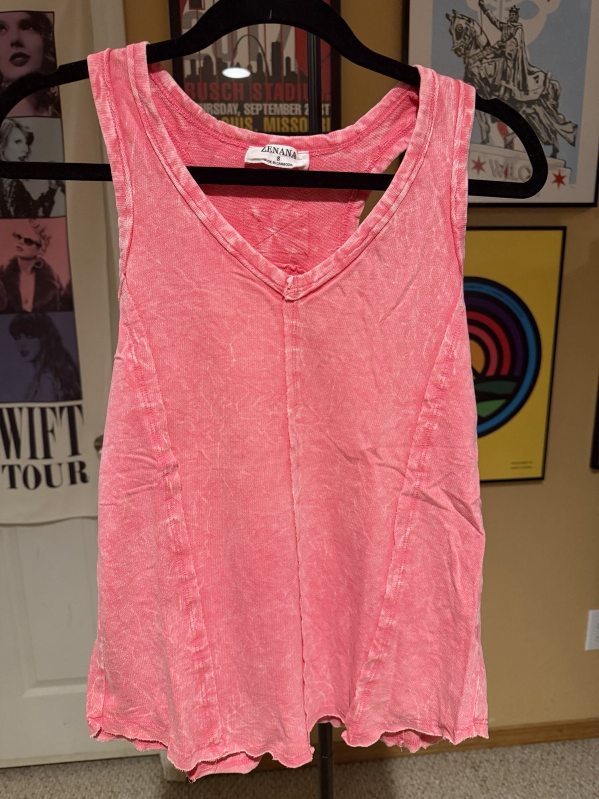 Zenna Pink V-Neck Racerback Cotton Knit Tank Top Size S Lightweight Raw Hem