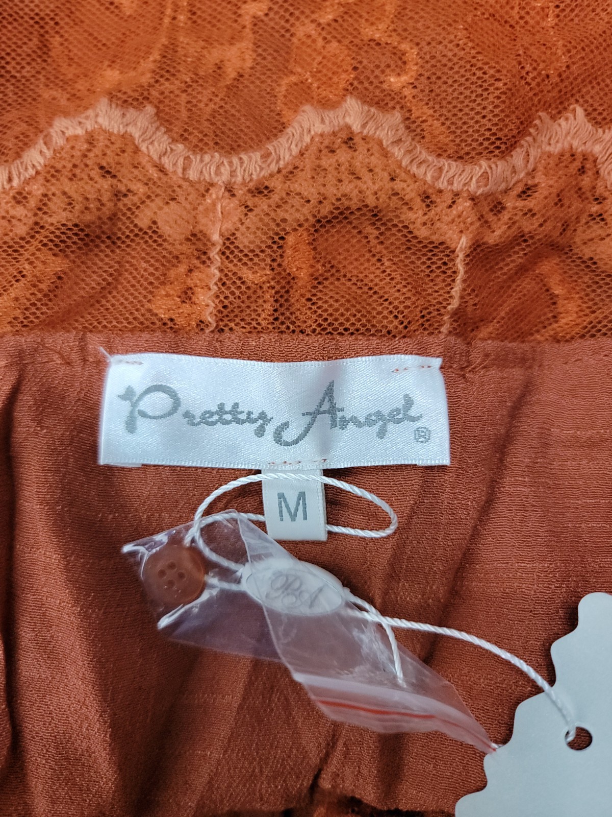 NWT Pretty Angel Top Sz Medium Lace Overlaid Semi Sheer Orange Rust Boho Sheer