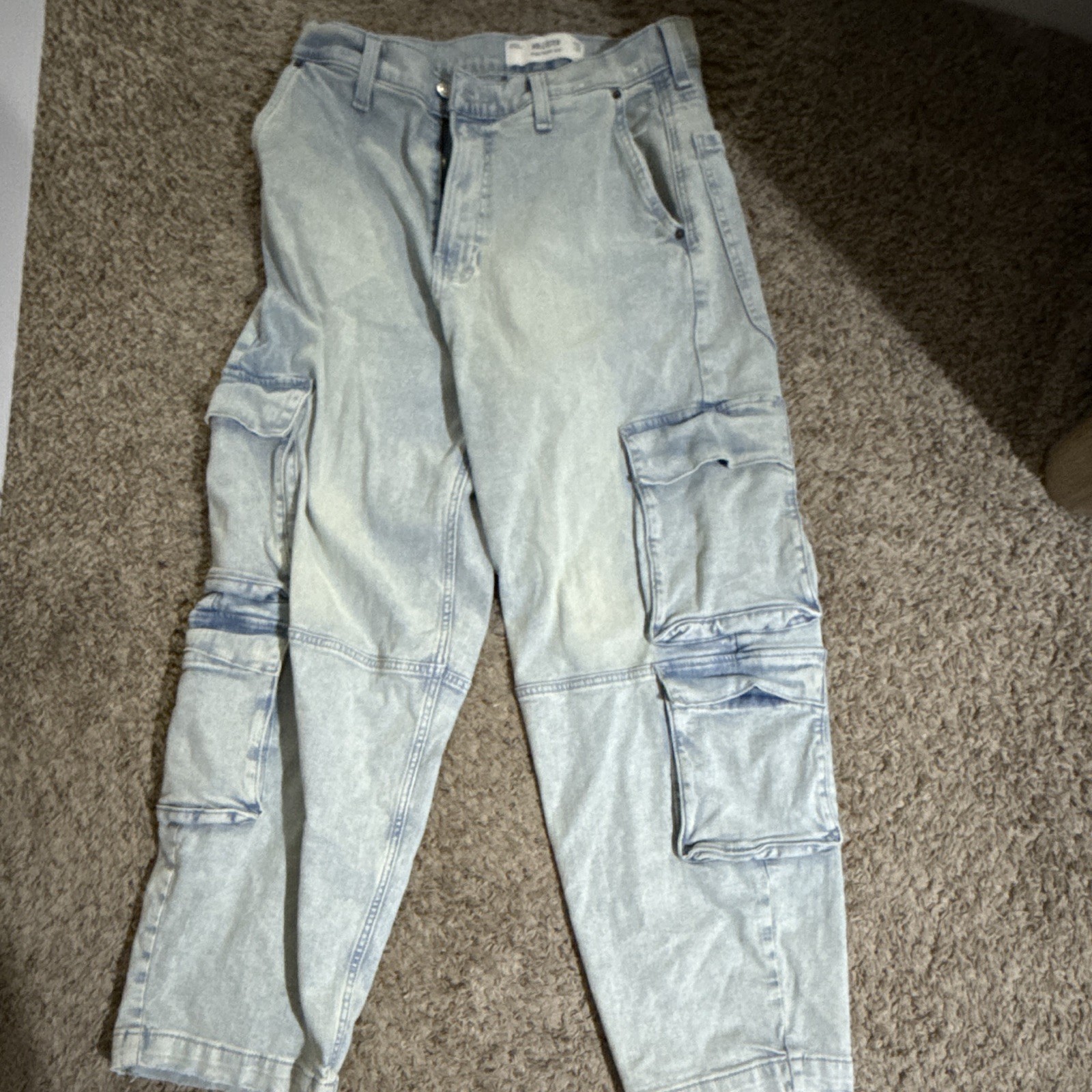 Hollister Men’s Light Blue Denim Cargo Jeans Slim Fit Cotton 5-Pocket Pockets