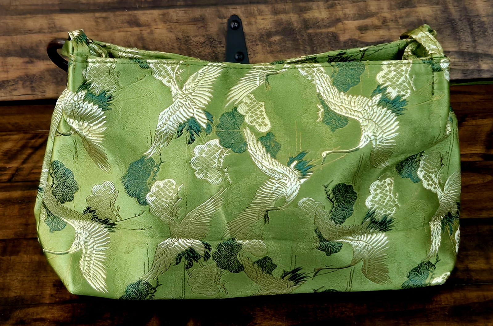 Embroidered Crane Cotton Traditional Oriental Bag Wooden Bead Handles New
