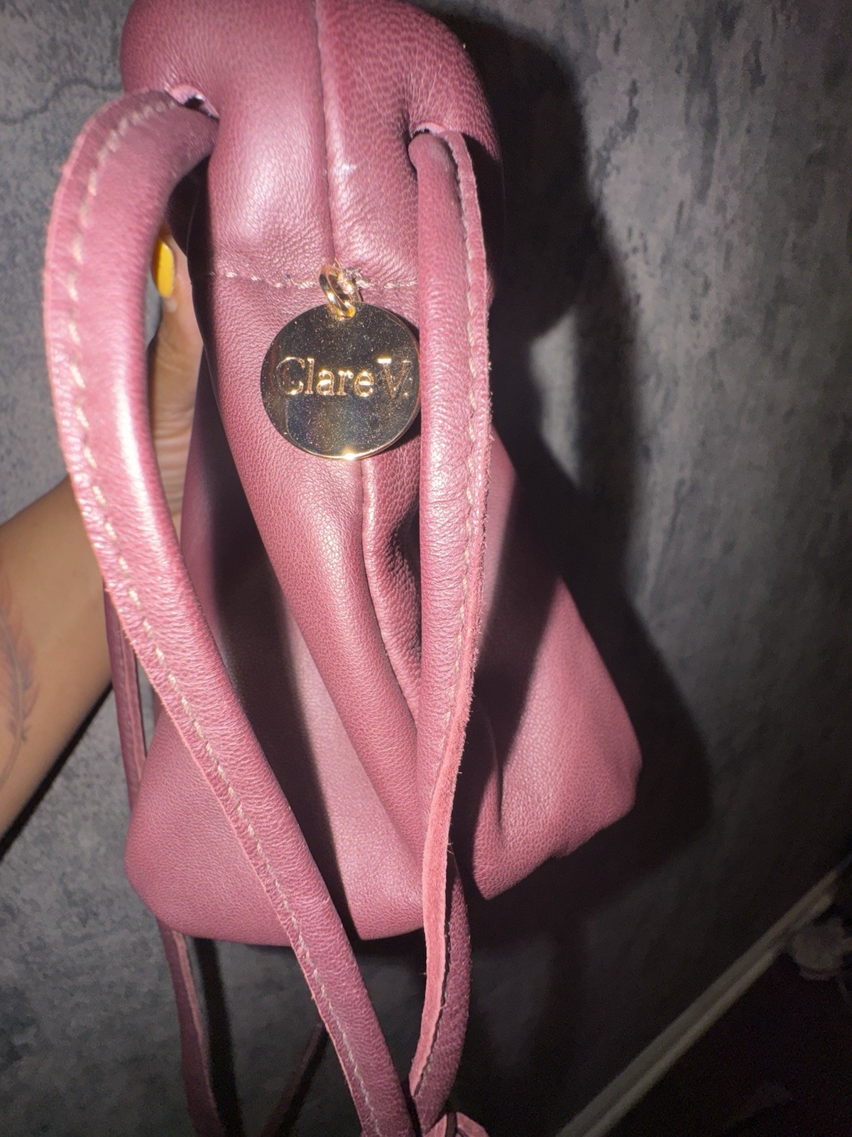 Clare v. Emma Drawstring Bucket Bag Plum Leather Mini Crossbody