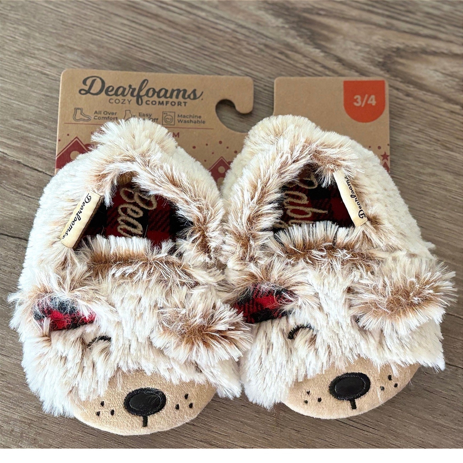 Kid Shoes Dearfoams Bear Brown Faux Fur Memory Foam Size 3-4 WALH1 27160 NWT