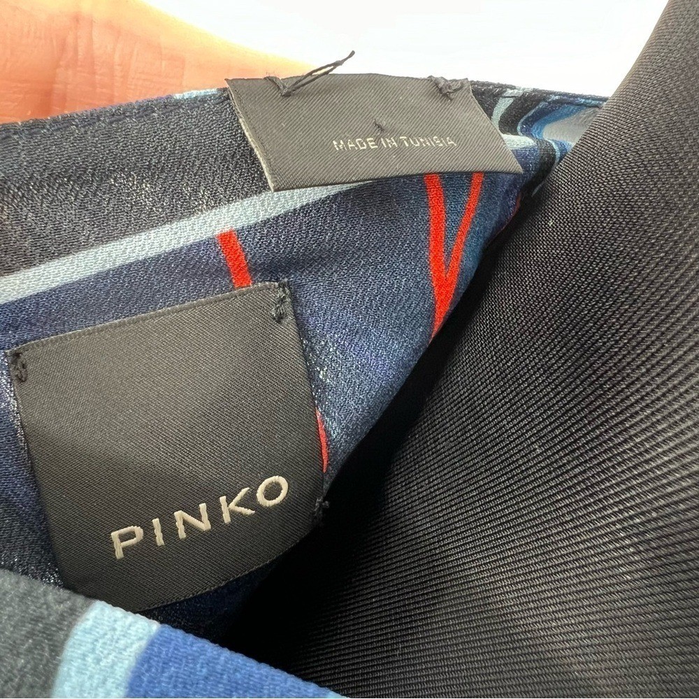 PINKO Logo Chain Print Blue White Sleeveless Tie Bow Blouse US 2