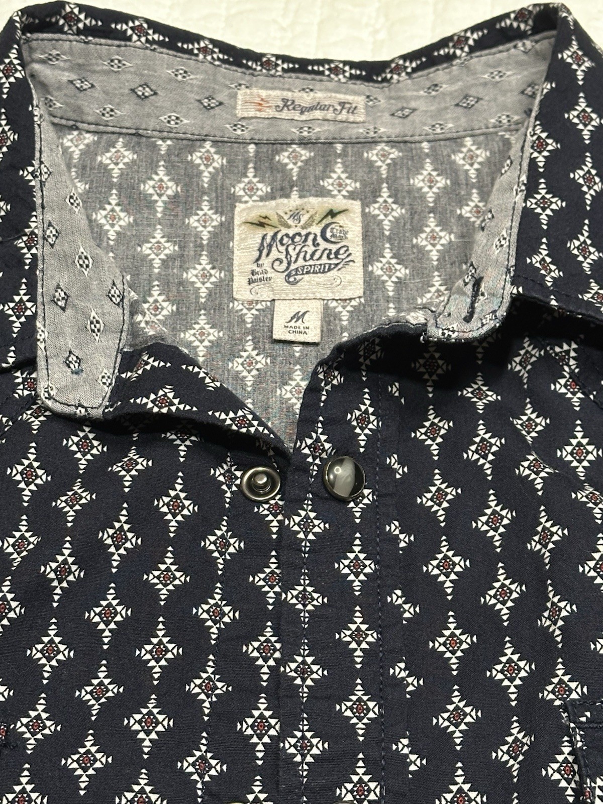 Moon Shine Spirit Geometric Cotton Shirt, Navy, Men’s Long Sleeve, Size M