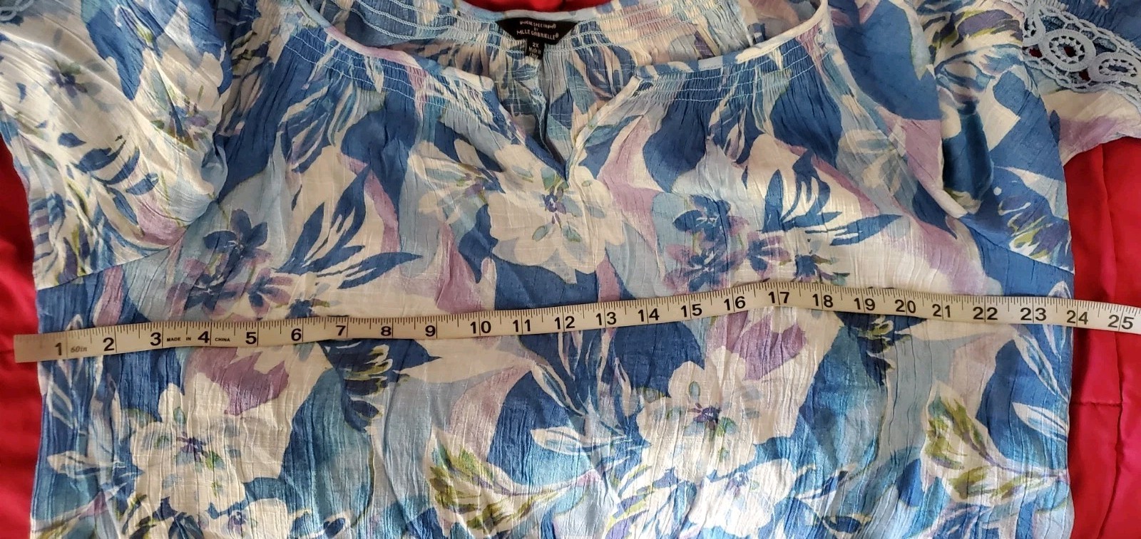 Unique Spectrum By Mlle Gabrielle 2X Blue Floral Boho Bell Sleeve Blouse EUC