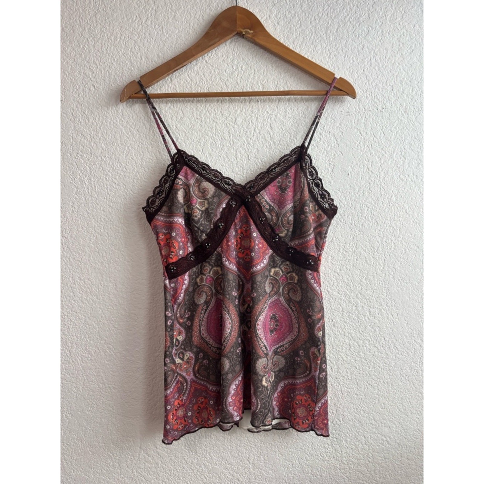 Y2K Xhilaration Women’s Paisley Lace Trim Cami Tank Pink Brown Medium