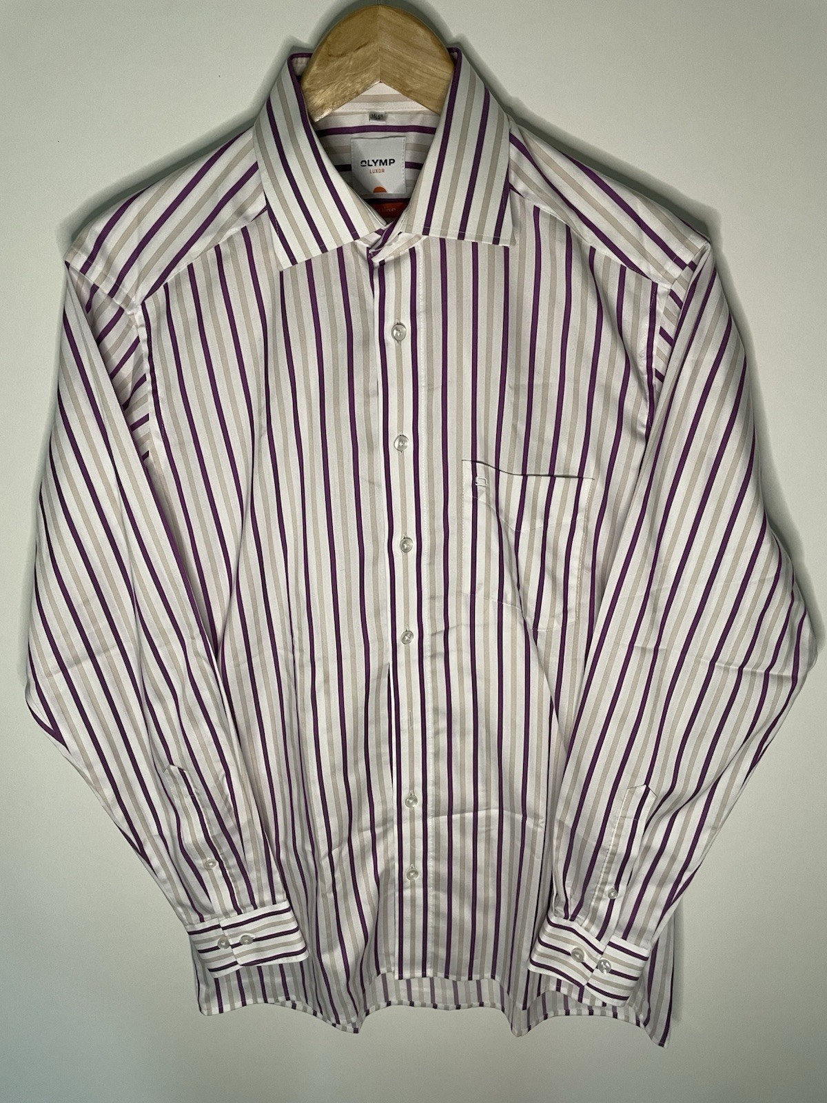 Olymp Luxor Dress Shirt Mens M 39 purple Stripe slim Line Non Iron Twill LS