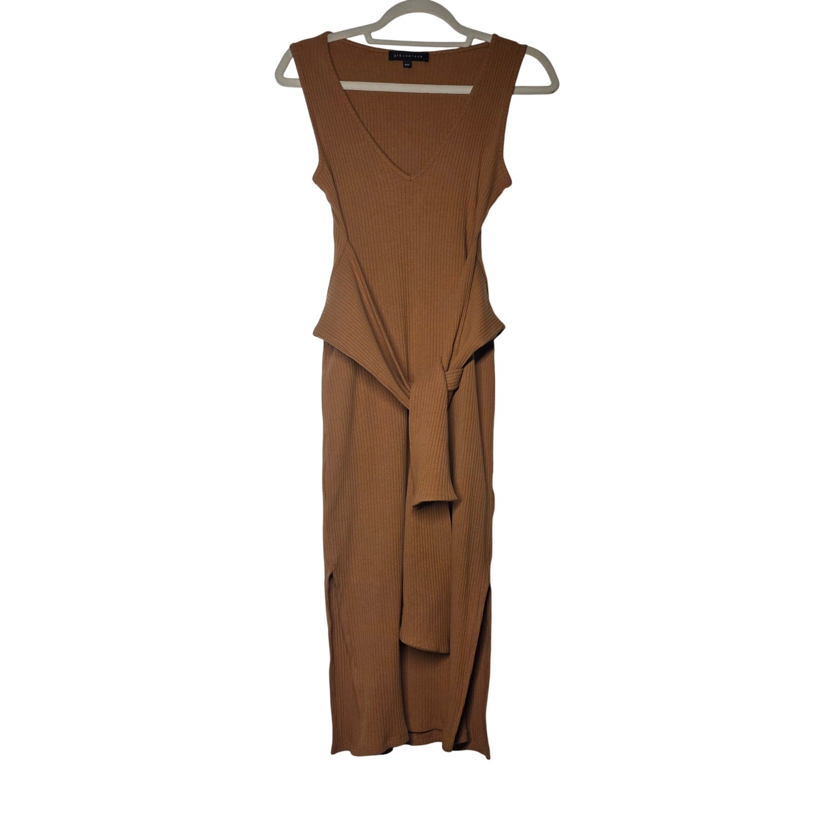 Gibsonlook Ribbed Tie Waist Midi Dress XXS Caramel Brown Sleeveless V-Neck