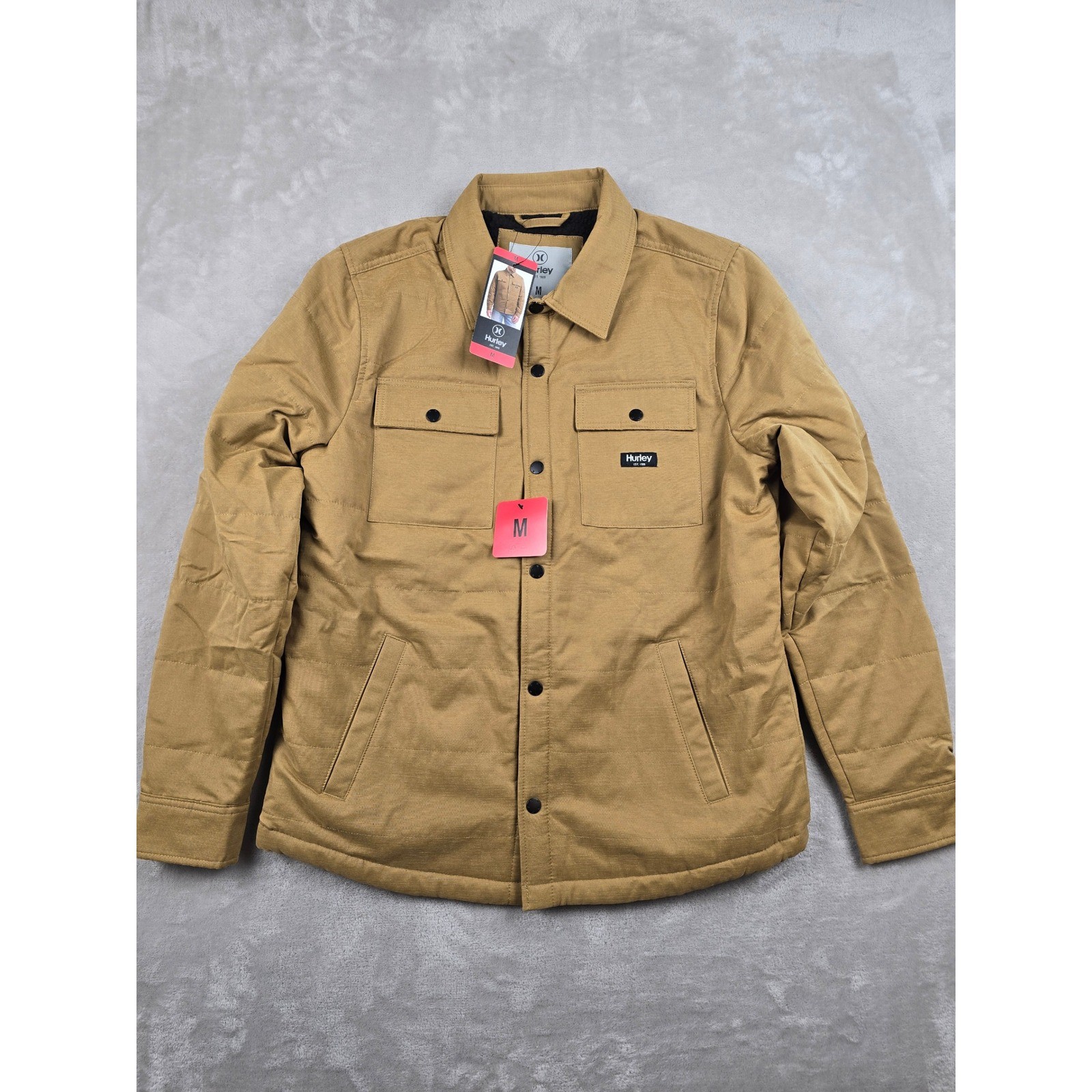 Hurley Shirt Jacket Mens Medium Tan Sherpa Lined Snap Front Shacket Pockets