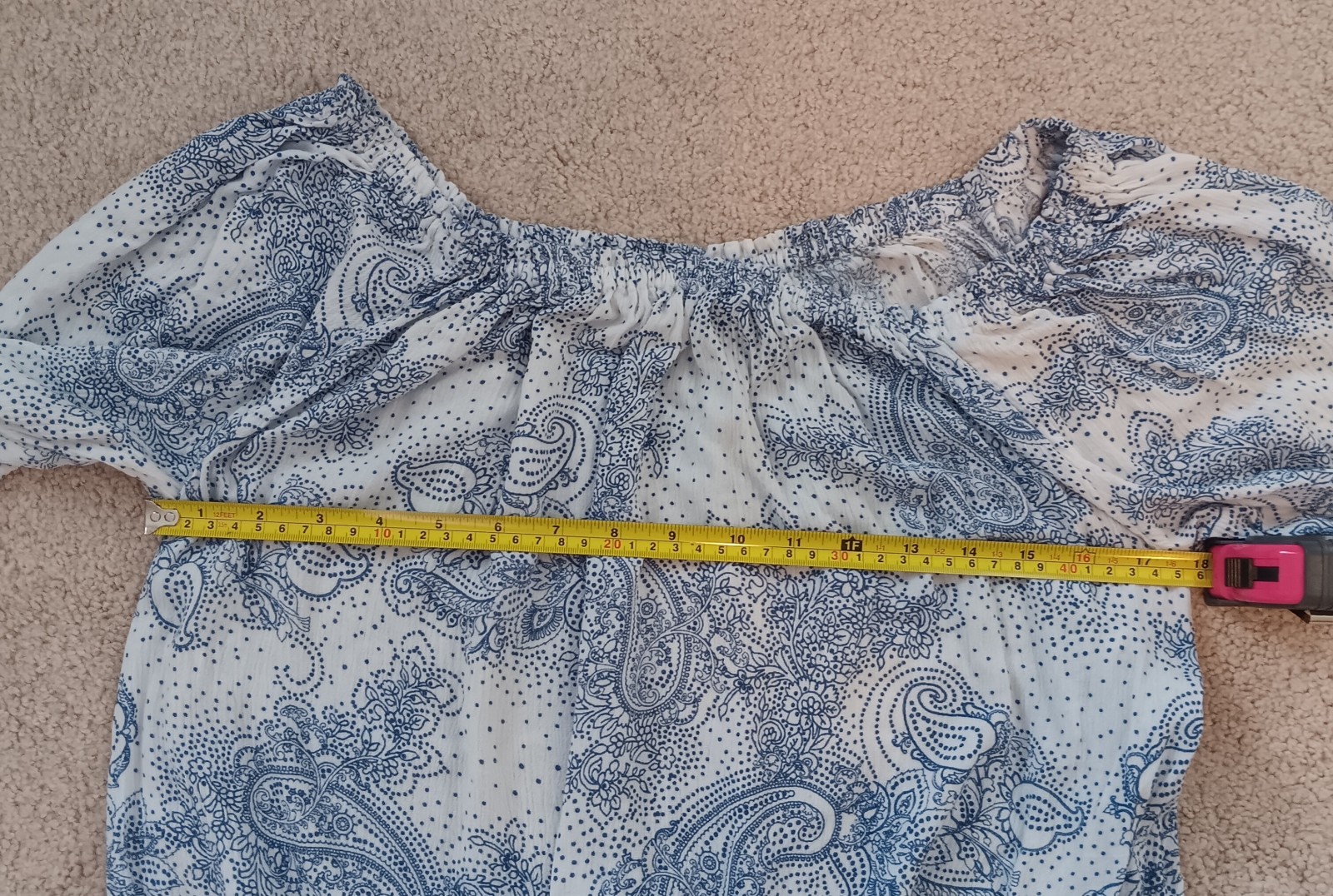 Tommy Hilfiger Paisley Peasant Blouse Blue White Smocked Off Shoulder Top Medium