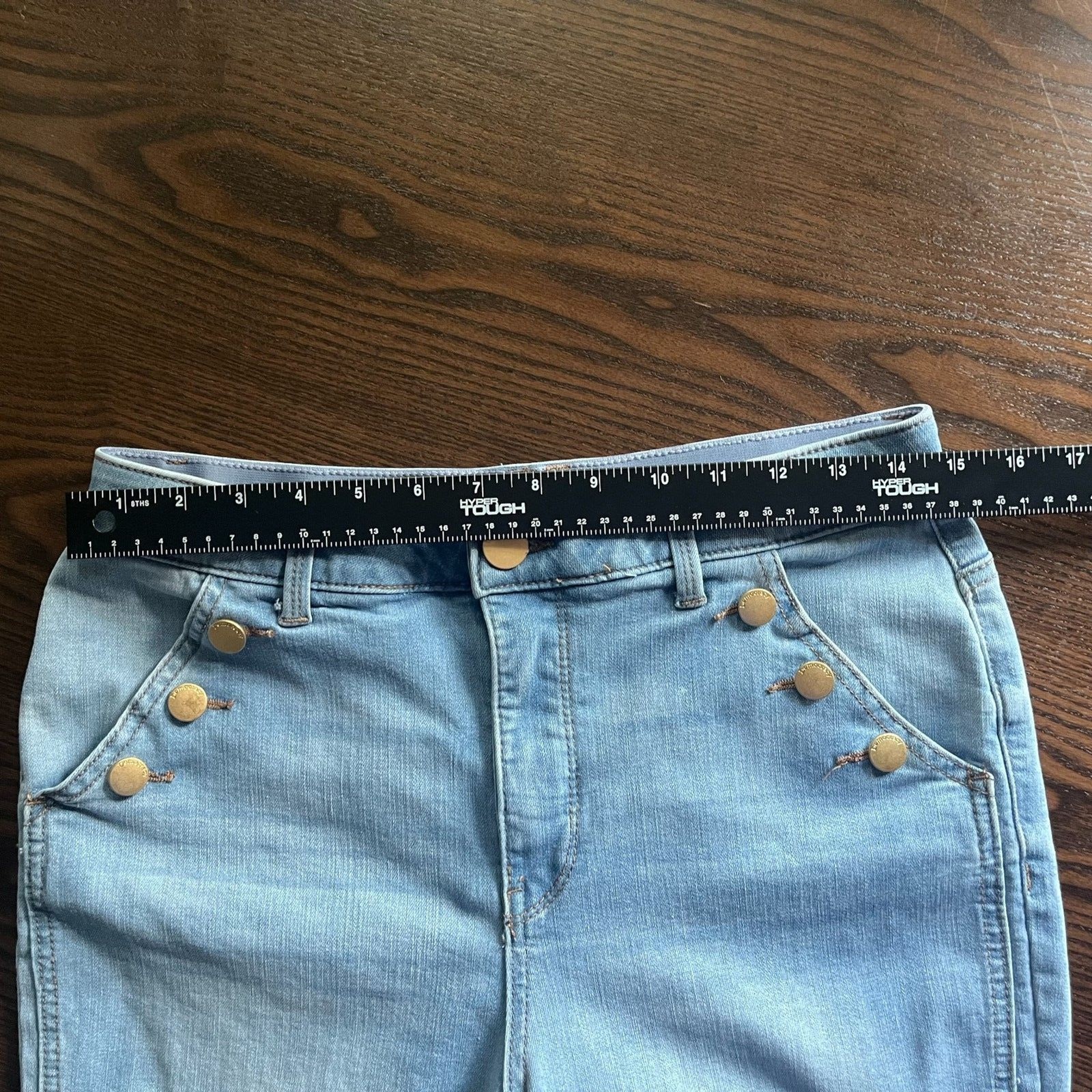 Democracy “Ab”Solution Skyrise Long Flare Jeans Powder Blue Sz 10 Button Pocket