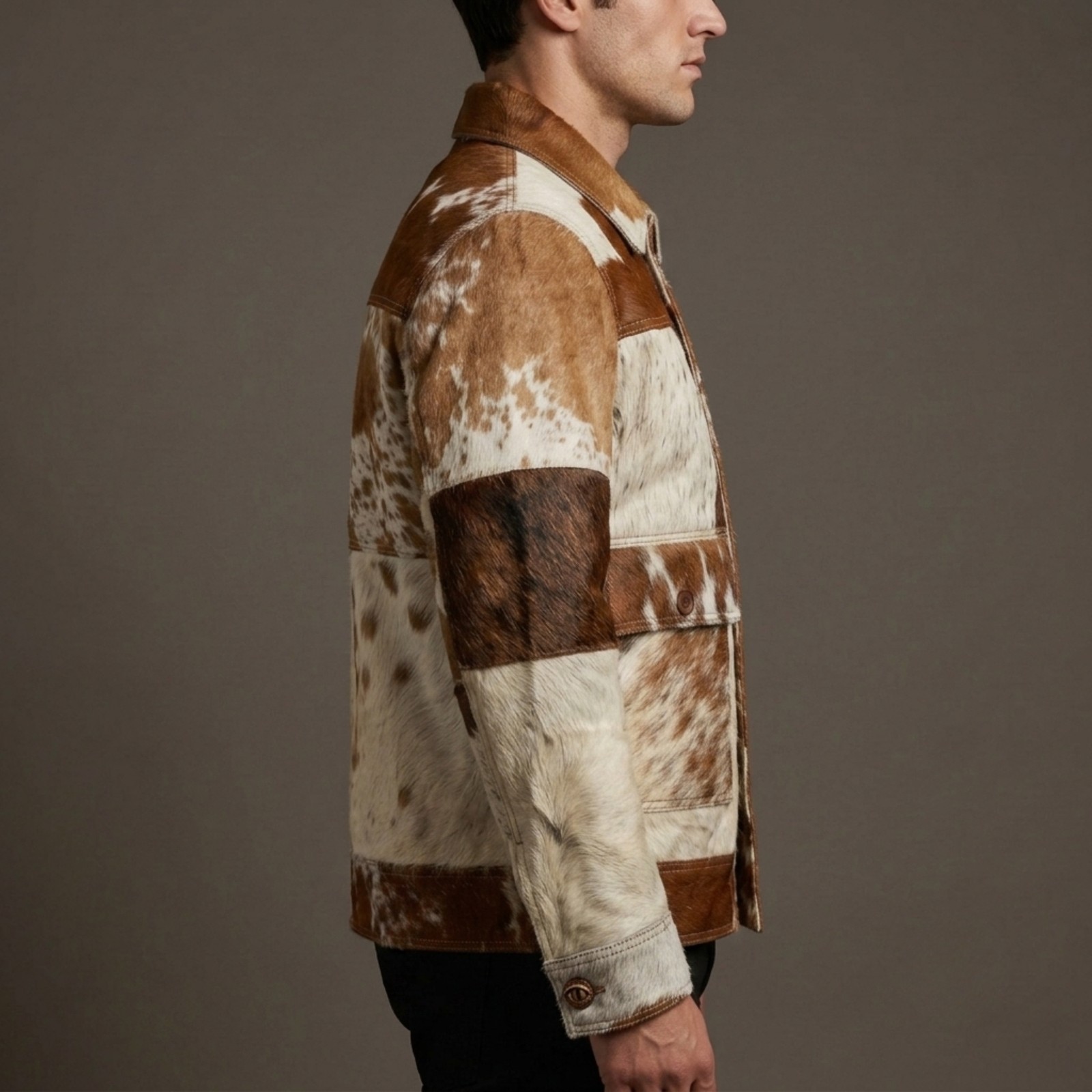 Men’s Tan White Cowhide Leather Jacket Hair On Hide Western Bomber Pony Coat