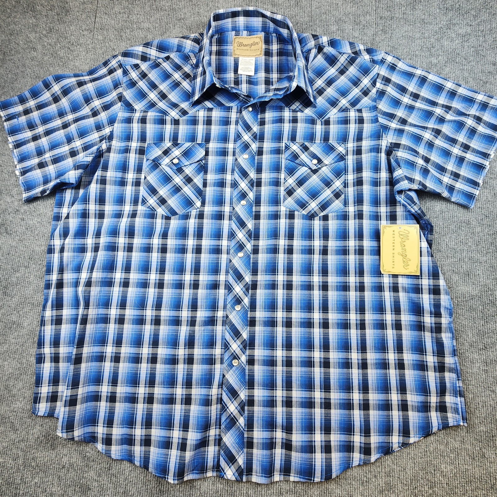 Wrangler Western Shirt Mens 2XL Blue Plaid Pearl Snap Short Sleeve NWT