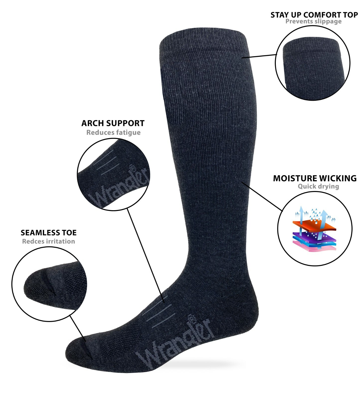 Wrangler Mens Ultra Dri Seamless Toe Western Tall Boot Socks 3 Pair Pack